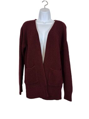 Zenana Open-Front Chunky Knit Cozy Layering Cardigan Burgundy Front Pockets SzS